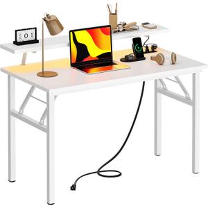 Need 39 Inch Small Folding Computer Desk with Power Outlets &Monitor Shelf Study Desk Gaming Desk with Led Lights &Cup Holder & Headphone Holder,White