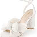 Ankis White Gold Bow Heel Chunky Wedding Shoes for Bride 3.15 Inch High Heel Open Toe Ankle Buckle Strap Dressy Pleated Kont Women Shoe Party Graduation Event Summer 7.5