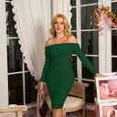 GOKATOSAU Women's Sexy Elegant Ruffle Long Sleeve Off Shoulder Ruched Party Mini Dress (Green, M)