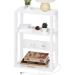 YUFAM 3-Tier Small Narrow Wood Side Table with Charging Station, Skinny Nightstand for Small Space, Slim Bedside Table with Storage for Couch, Thin End Table with USB Ports and Outlets, White