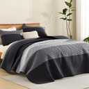 Litanika Quilt King Size Black, Grey and White, Gray Stripe Patchwork Summer Bedspread Coverlet 3 Pieces, Soft Lightweight Polyester Comforter Bedding Set for All Season(1 Quilt, 2 Pillowcases)