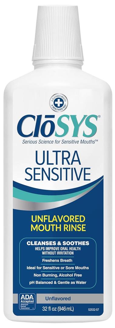 CloSYS Ultra Sensitive Mouthwash, Unflavored Alcohol Free, Dye Free, pH Balanced, Helps Soothe Entire Mouth  32 Oz
