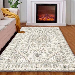 5x8 Area Rugs - Machine Washable Rugs for Living Room, Boho Area Rug with Non-Slip Backing, Stain Resistant Vintage Rug for Bedroom, Ultra-Thin Boho Large Area Rugs for Home Decor (Retro Pattern Beige)