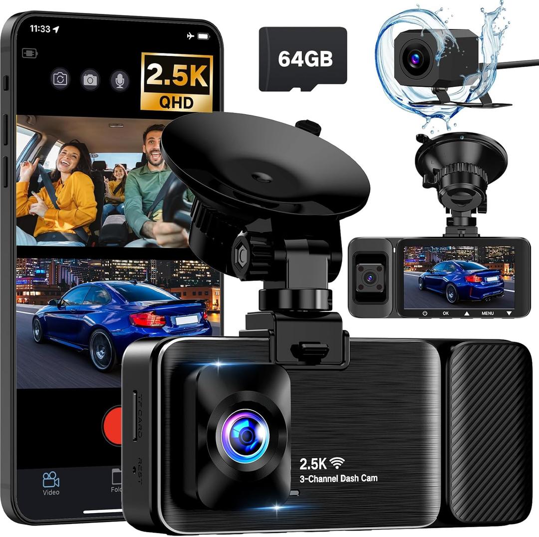 3 Channel Dash Cam Front and Rear Inside, 2.5K Dash Cam, APP Control, Night Vision, 3" IPS Screen, Built-in Wi-Fi, G-Sensor, 24H Parking Mode, Loop Recording, 64GB SD Card Included, K02