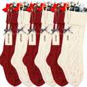 18 Inches Personalized Christmas Stockings: 6 Pack Red Ivory Knit Christmas Stockings Set with Name Tags Christmas Decor Neutral Xmas Decorations Holiday Farmhouse Indoor Rustic Home Decor
