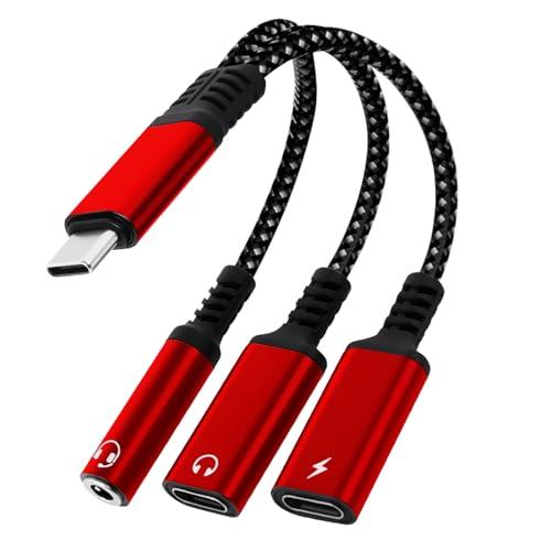 caojunzhen 1 in 3 USB C to Type-C Charging and Type-C Headphones Plus 3.5mm Headphones PD 60W Charging Adapter, Compatible with GalaxyS22, iPad Pro, Pixel, iPhone 16 15, etc.（red）