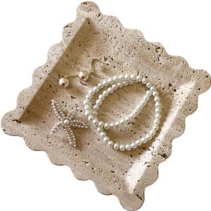 Vintage Natural Marble Tray Small Ornaments Scalloped Tray Handmade Storage Dish for Counter, Vanity, Dresser, Nightstand and Desk (Beige Travertine)