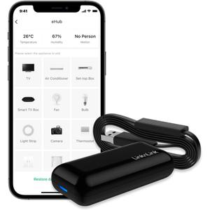 eHub 5-in-1 Smart WiFi Universal Remote: IR and RF Control with Motion, Temperature, Humidity Sensors, 3 Years Free Data Storage Export, Works with Alexa, Google Home, Modbus, Home Assistant
