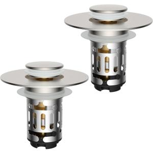 Hibbent 2 Pack Upgraded 3 in 1 Bathroom Sink Drain Strainer, Universal Pop Up Stopper with Removable Stainless Steel Filter Basket Hair Catcher, Sink Plug for 1.1''~2.36'' Basin, Brushed Nickel