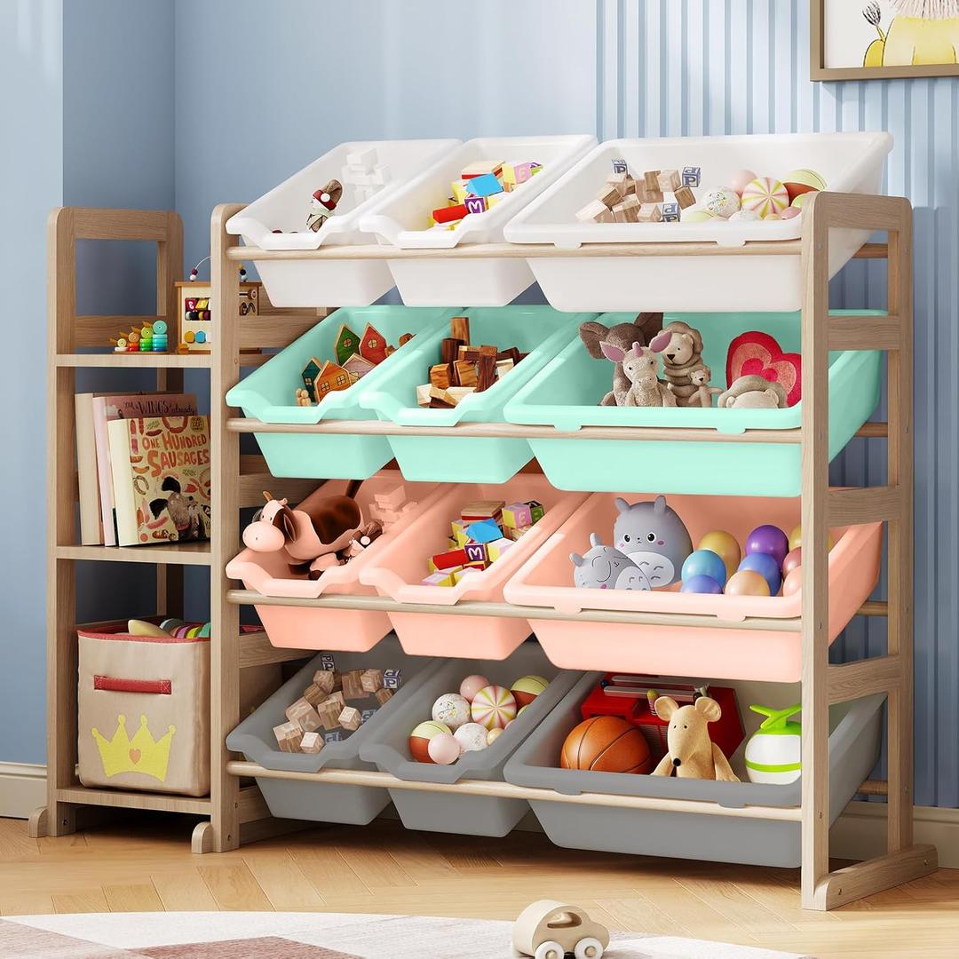 Toy Storage Organizer - Toy Organizers and Storage with Bookshelf, Toy Storage Shelf with 3 Shelves and 12 Storage Bins, Kids Bookshelf and Toy Storage for Kids Room, Playroom, Nursery, Multi color, 42.2 inches x 11 inches x 31.5 inches