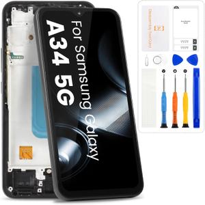 for Samsung Galaxy A34 Screen Replacement for Samsung A34 5G LCD Display with Frame A346E A346M A346B/DS Screen Touch Digitizer Assembly with Tools, Black No Fingerprint