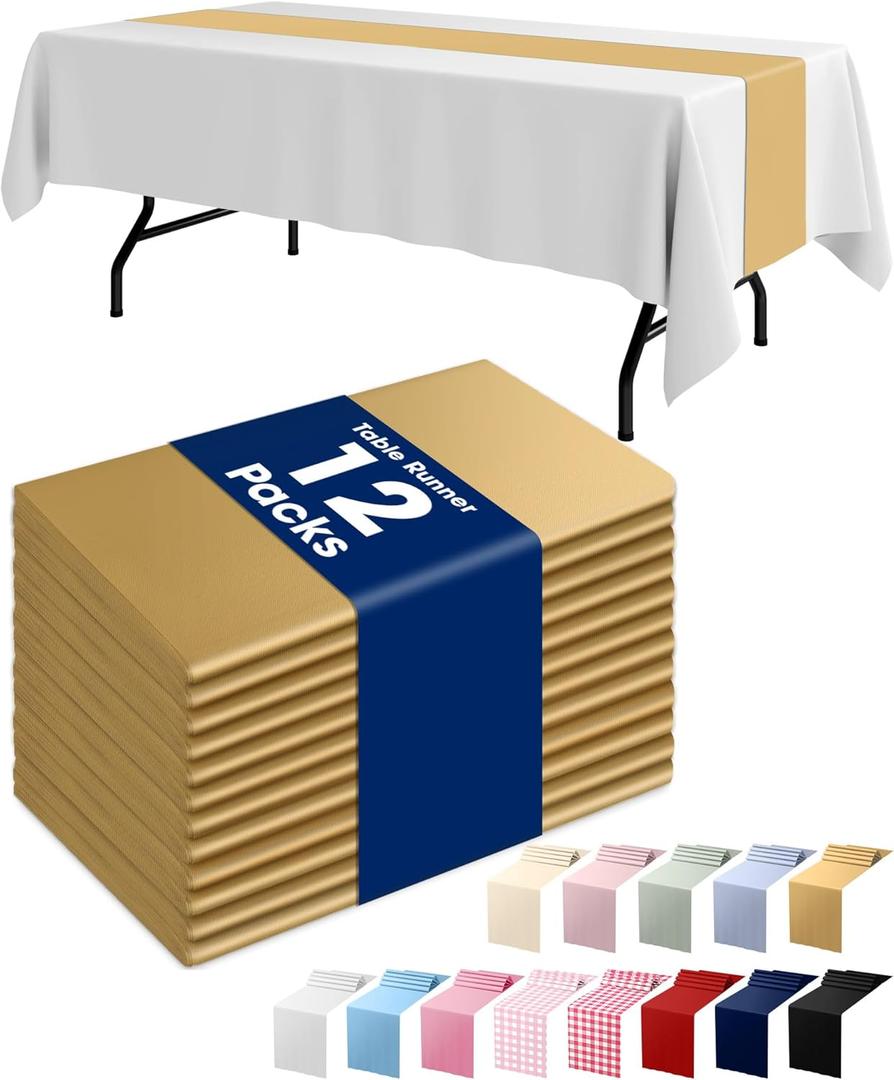Pureegg Plastic Table Runners Disposable 12 Pack, 14 x 108 Inch Table Runner, Wedding Party, Decorative Table Runner, Rectangle, Light, Pastel Plastic Cover, Leakproof & Sturdy, Gold