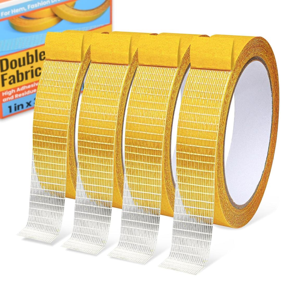 Double Sided Fabric Tape Heavy Duty for Hem, Fashion Dress, Curtains, Carpet, High Adhesive Sticky but Removable, No Sewing or Ironing Need, 1in x 33FT/10m x 4Rolls