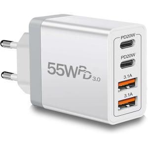 European Travel Plug Adapter USB C, 55W USB C European Charger 4-Port Fast Charger Type C Wall Charger USA to Europe Plug Adapter for iPhone 17 16 15 14 13 12 11 Pro Max X 8, Galaxy, Android