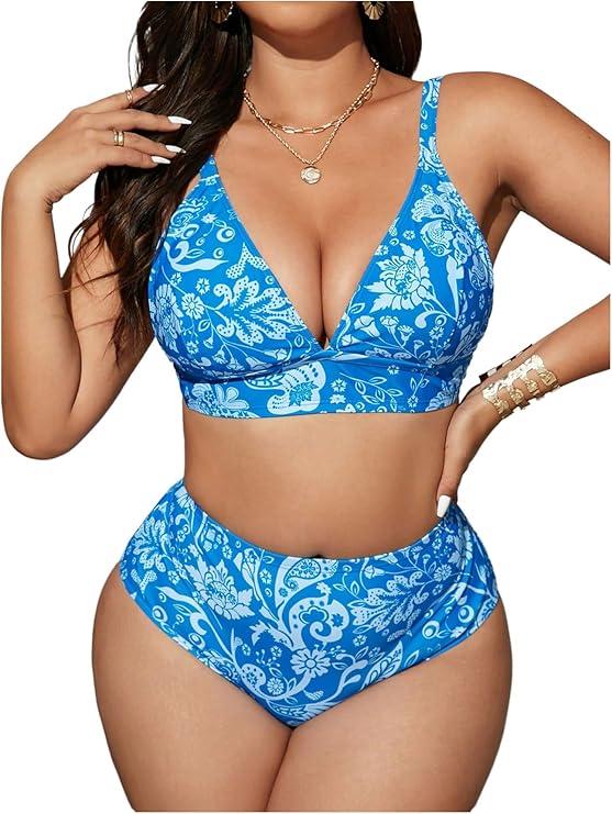 Floerns Women's Plus Size 2 Piece Swimsuits Floral Triangle High Waist Bathing Suit Blue 3XLarge Plus