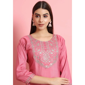 VredeVogel Women's Silk Blend Embroidered Kurta (Medium)