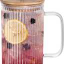 32oz Ribbed Glass Cup with Handle Bamboo Lid and Straw, Glass Tumbler, Iced Coffee Cups Hot/Cold Drinks