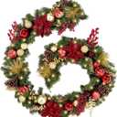 WBHome Pre-lit 9 Feet/108 Inch Christmas Garland Classic Red&Gold Themed with 50 LED Lights Holiday Decorations, Battery Operated (Batteries NOT Included)