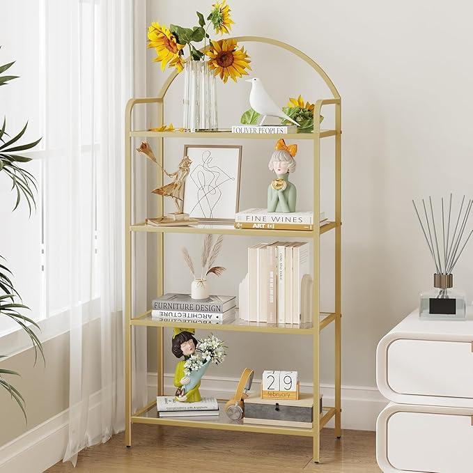 Hzuaneri Bookcase Bookshelf, Tempered Glass Bookshelves
Slim Shelving Unit for Bedroom, Bathroom, Home Office, Steel Frame, 4 Tier Gold BC21499G