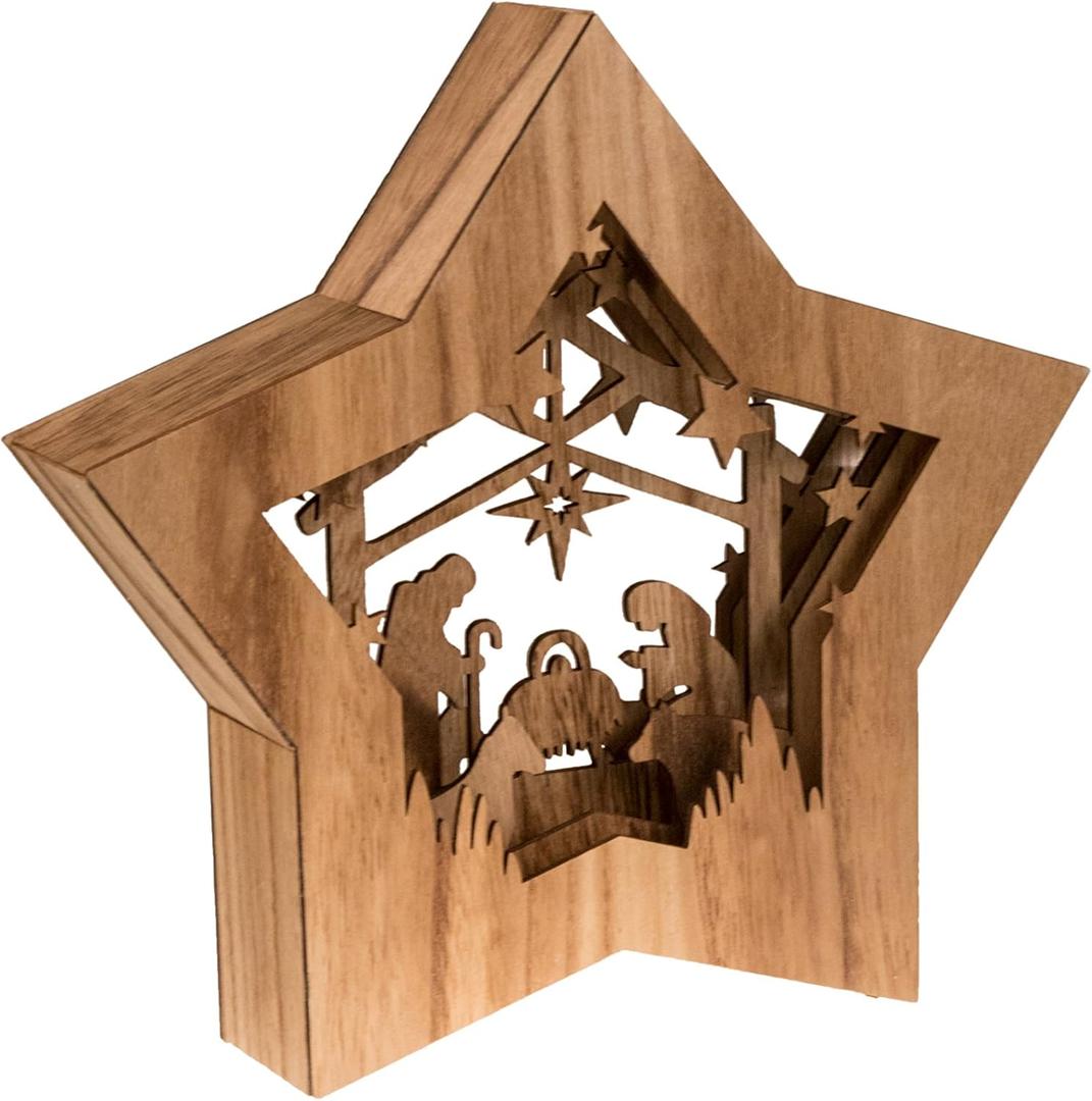 Clever Creations Wooden Star Shaped Nativity Scene Christmas Ornament, Festive LED Holiday Dcor for Shelves and Tables, Brown