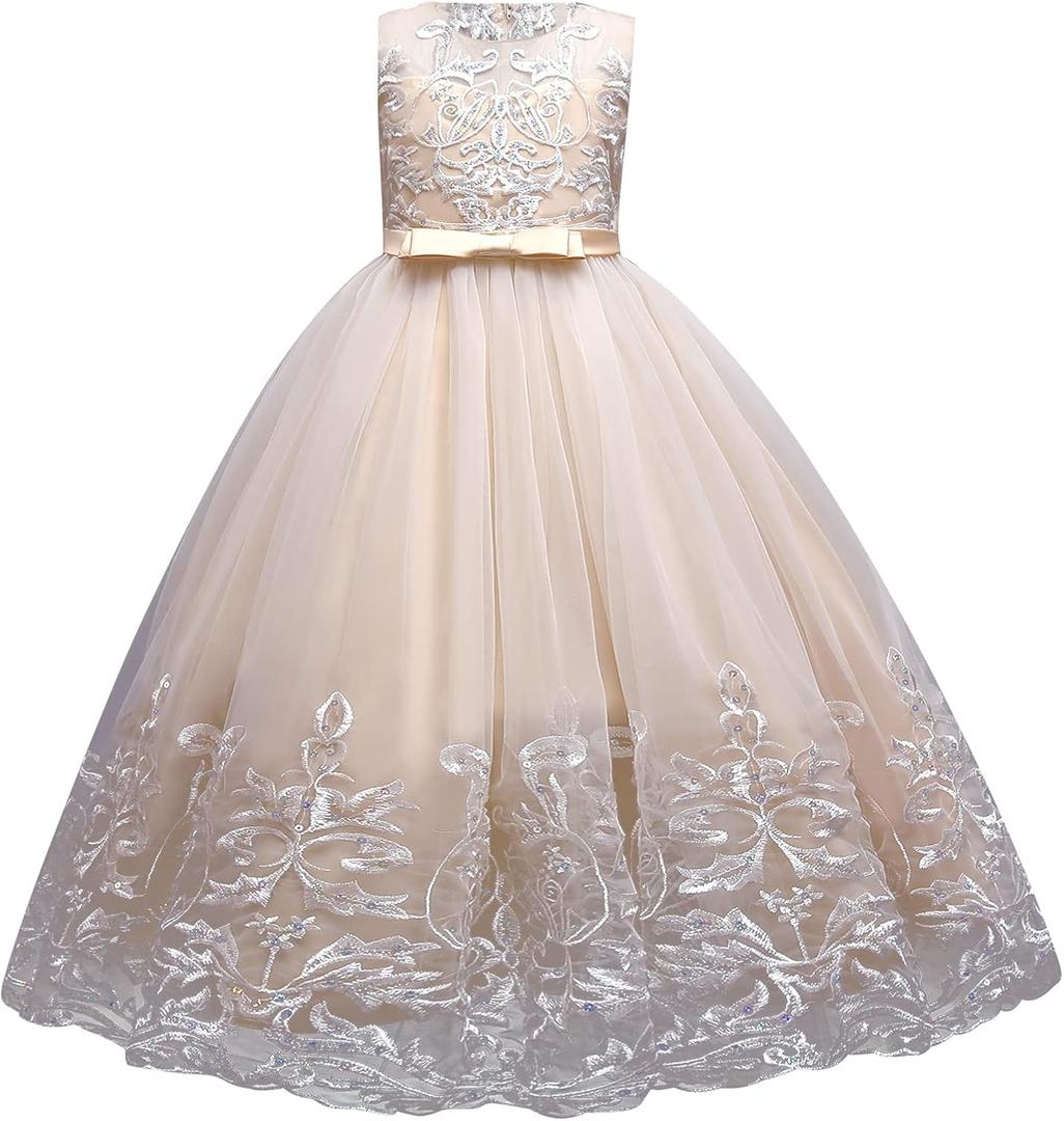 IBTOM CASTLE Flower Girl Pageant Embroidery Lace Tulle Dress for Kids Wedding Bridesmaid Birthday Party Formal Princess Gown (6-7 Years, Champagne)