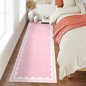 CAREMEE Scalloped Rug 2x6 Runners for Hallways, Solid Pink Runner Rug Non Slip Scalloped Bath Runner, Washable Rugs for Bedroom Girls, Rugs for Kitchen Floor Soft Dorm Nursery Carpet for Bedside