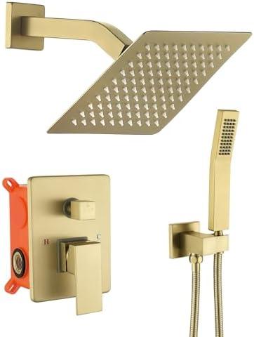 JOYWELL Shower Faucet Brushed Gold Shower System 8 Inches Rain Shower and Handheld Shower Combo,2-Function Shower Fixtures Included Shower Trim Kit