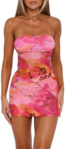 Goafuliy Two Piece Skirt Set for Women Summer Asymmetrical Mesh Strapless Tube Tops Mini Skirt Set Going Out Outfits, Small