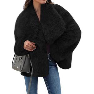 Tankaneo Womens Cropped Faux Fur Jackets Winter Long Sleeve Open Front Warm Shaggy Coats, Black, Size L
