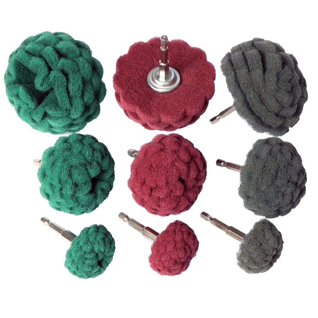 9PCS Scouring Pads Abrasive Buffing Polishing Wheel Drill Attachment Set, Non Woven Wheel Polishing Kit for Drill,Power Scrubber Drill Polishing KitGreen red Gray 1/4 Shank