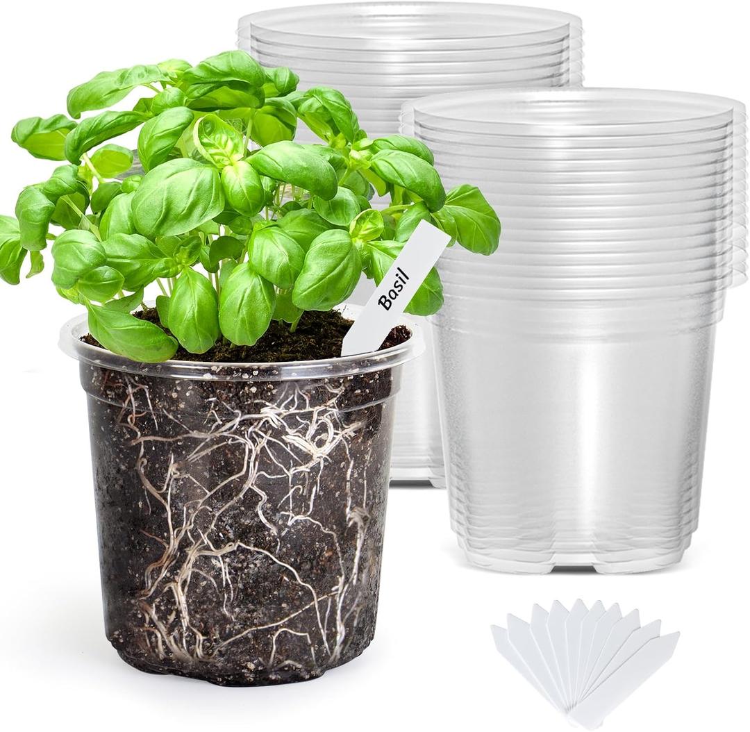 Bonviee 30-Pack 5-Inch Clear Nursery Pots for Plants, Plastic Seedling Pots with Drainage Holes, and 10 Plant Labels, Ideal for Seed Starters and Flowers, Clear