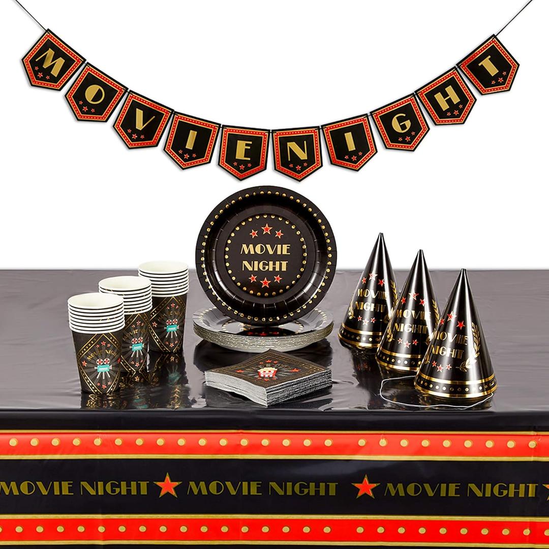 BLUE PANDA - Movie Night Party Pack with Dinnerware, Hats, Banner, Tablecloths (Serves 24, 99 Pieces)