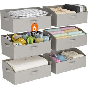 Lifewit Fabric Extra Large Trapezoid Closet Storage Bins for Shelf, 6 Pack Closet Organizer Baskets with Handles, Foldable Clothes Containers for Book, Purse, 19.7" x 11" x 7.9", 23L, Light Gray