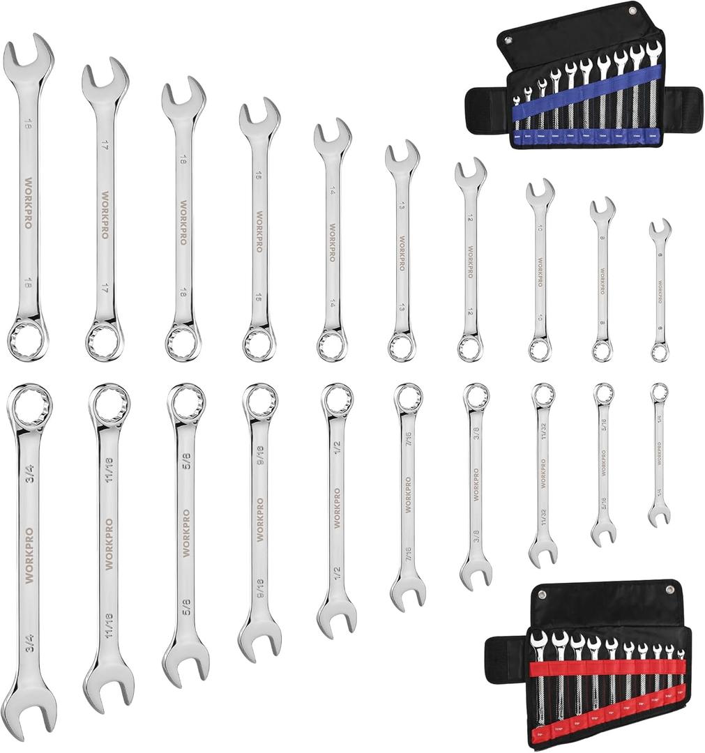 WORKPRO 20-piece Combination Wrench Set, Metric 6-18mm & SAE 1/4- 3/4, Cr-V Steel, 12-point Wrenches Set with 2-in-1 Rolling Pouch