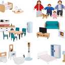 OOOK Wooden Dollhouse Furniture Set for Kids, 26 Pcs Dollhouse Accessories with 4 Family Dolls and Dog, Miniature Doll House Furniture Toys Pretend Play Set for G irls Boys Age 3+