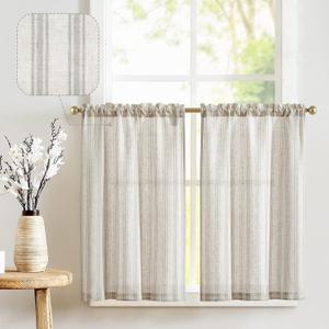 jinchan Gray Striped Linen Kitchen Curtains 24 Inch Cafe Tier Curtains Balanced Stripe Farmhouse Small Drapes for Bathroom Laundry Over Sink Half Window Light Filtering 2 Panels Grey on Linen
