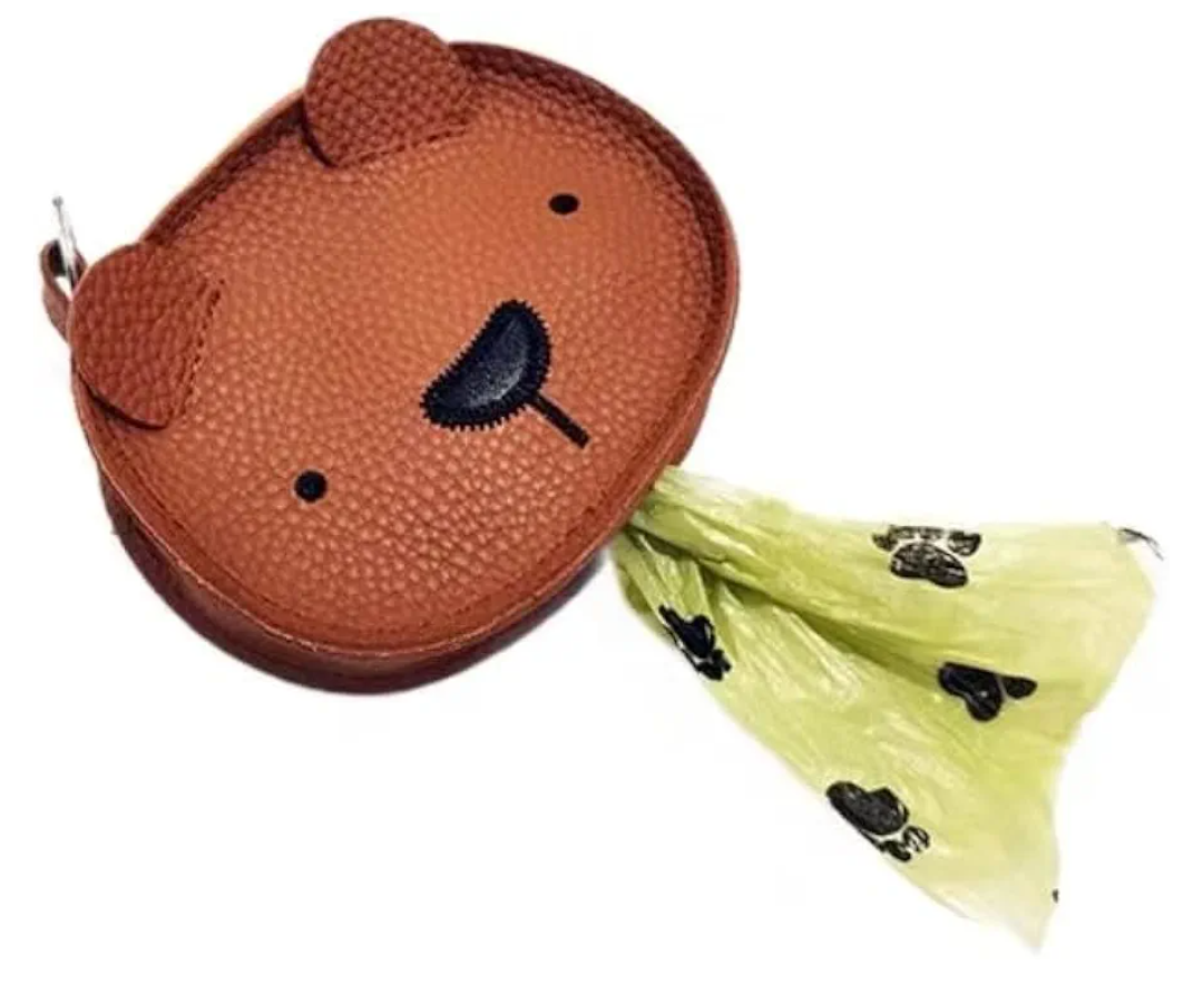 Bear-Shaped Dog Waste Bag Dispenser, Brown Leather, Portable Pet Poop Bag Holder,poop bag holders for leashes