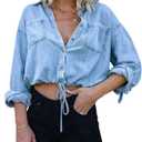Kwoki Women's Cropped Denim Shirt Roll Up 3/4 Sleeve Casual Loose Crop Tops Drawstring Hem Button Front Jean Jacket Size M
