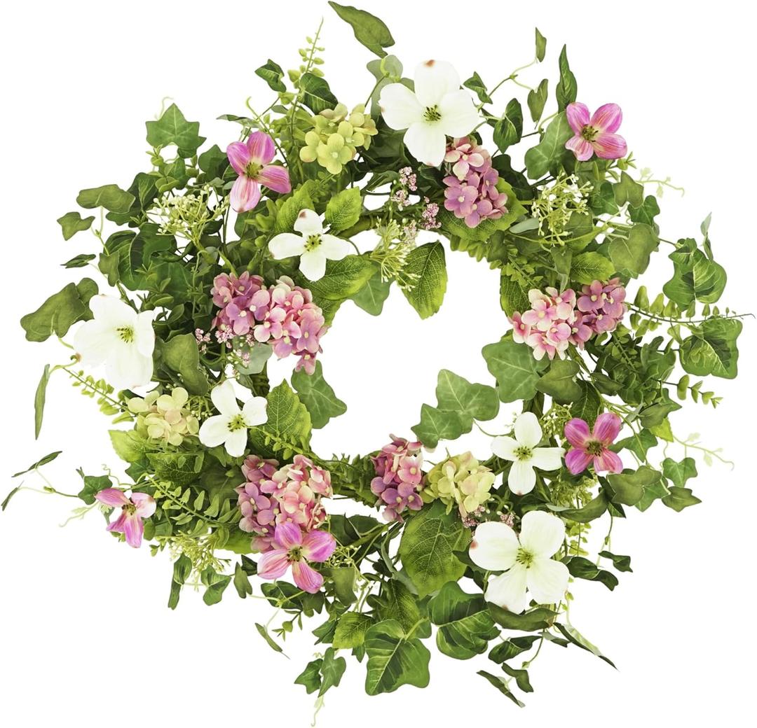YNYLCHMX 18" Spring Summer Wreaths for Front Door, Artificial Floral Wreath with Pink Hydrangea Green Eucalyptus Leaves, Green Foliage Wreath for Wall Window Farmhouse Party Holiday Home Decor