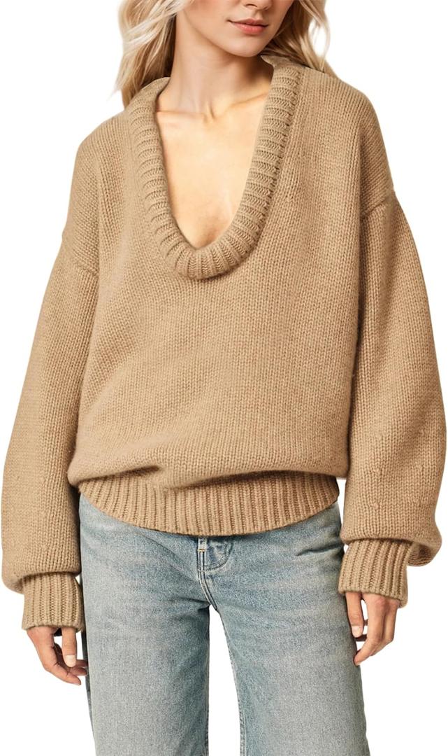 MISSACTIVER Women's Low Cut U Neck Oversized Sweater Casual Solid Long Sleeve Drop Shoulder 2024 Winter Pullover Jumper Tops (Khaki) S