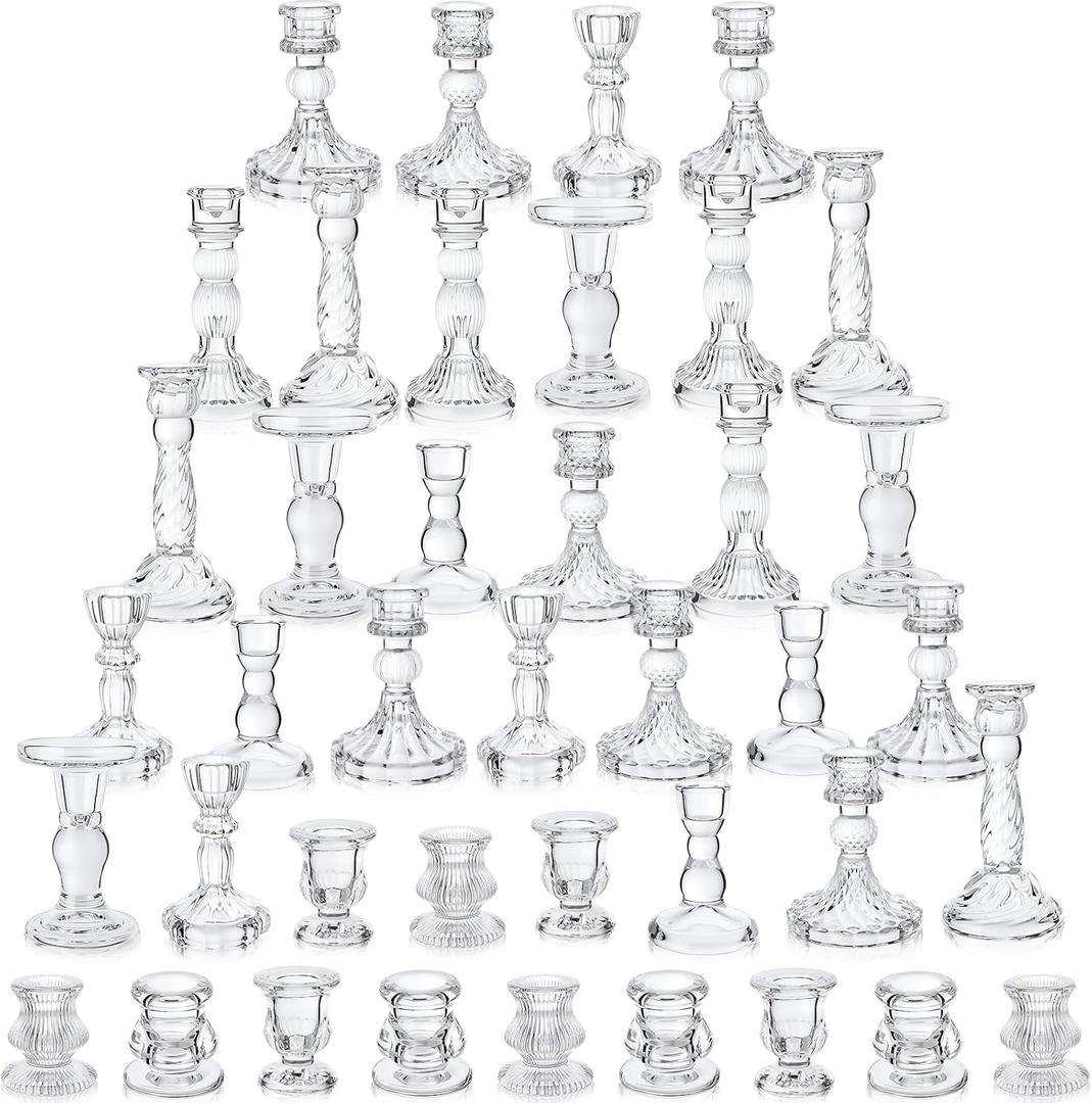 Mumufy 40 Pcs Glass Crystal Taper Candle Holders Clear Glass Candlestick Holder Fit 0.8 Inch Candles Crystal Decorative Candle Stand Centerpiece Table Wedding Dining Party (Classic, Clear)