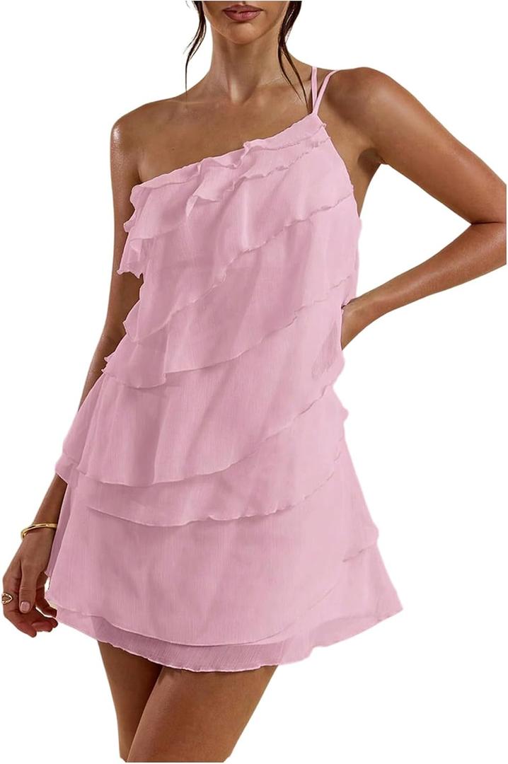 SOLY HUX Women's Mini Dress One Shoulder Ruffle Mesh Dresses Layered Backless Vacation Party Sundresses Size L