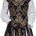 Willyacos Renaissance Tudor Costume - Men's Elizabethan Era Prince Tudor King Doublet & Vest with Pumpkin Pants (Small, Black Golden)