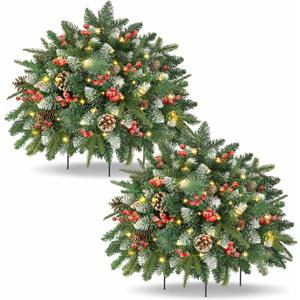 LAVEVE Prelit Small Christmas Tree 20" with 50 Warm LED Timer Lights, Battery Operated Xmas Tree with Red Berries & Pinecones, Frosted Urn Filler, Outdoor for Porch and Pathway,2 Pack