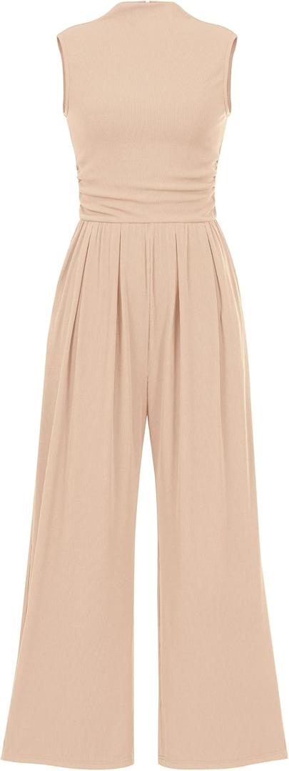 BTFBM One Piece Jumpsuits For Women Dressy Casual Spring Summer Outfits 2025 Sleeveless Mock Neck Wide Leg Pants Rompers (Large, Beige)
