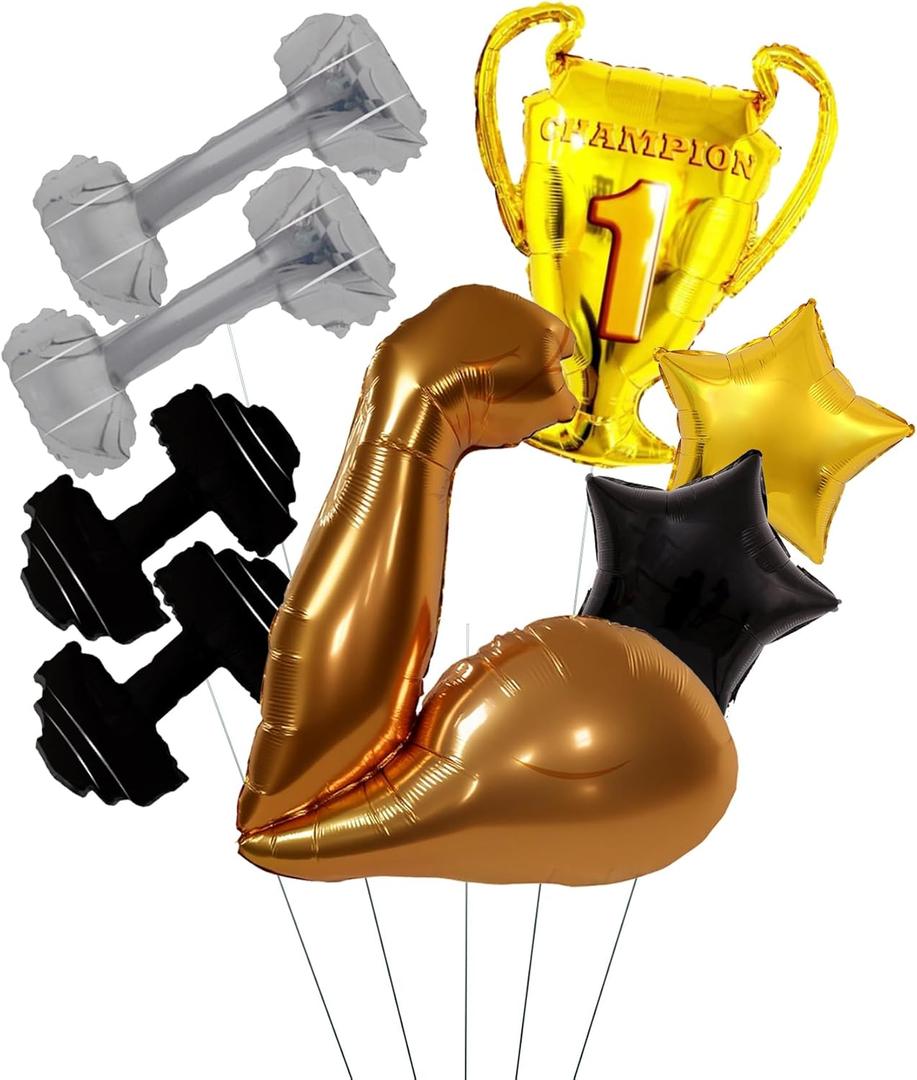 Gym Party Decoration Balloons/Champion Trophy, Muscle Arm, Dumbbell Foil Balloons Fitness Birthday Decorations for Men, Boys, Coach, Sports Party, Bodybuilding Celebration