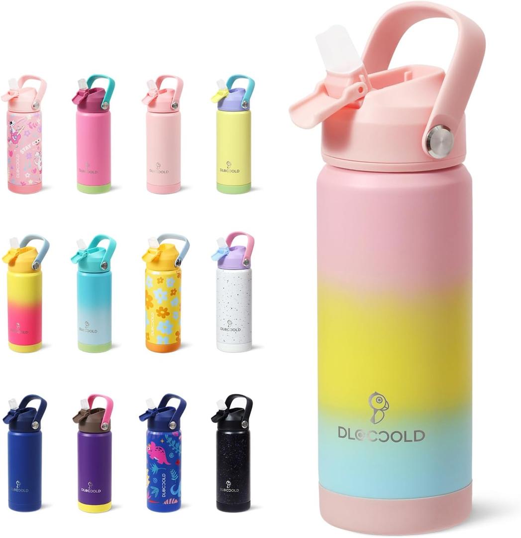 DLOCCOLD Kids Insulated Water Bottle with Leak Proof Straw Lid, Double Wall Vacuum Stainless Steel Water Bottle with Silicone Boot, Reusable Tumbler for Travel, Boys, Girls