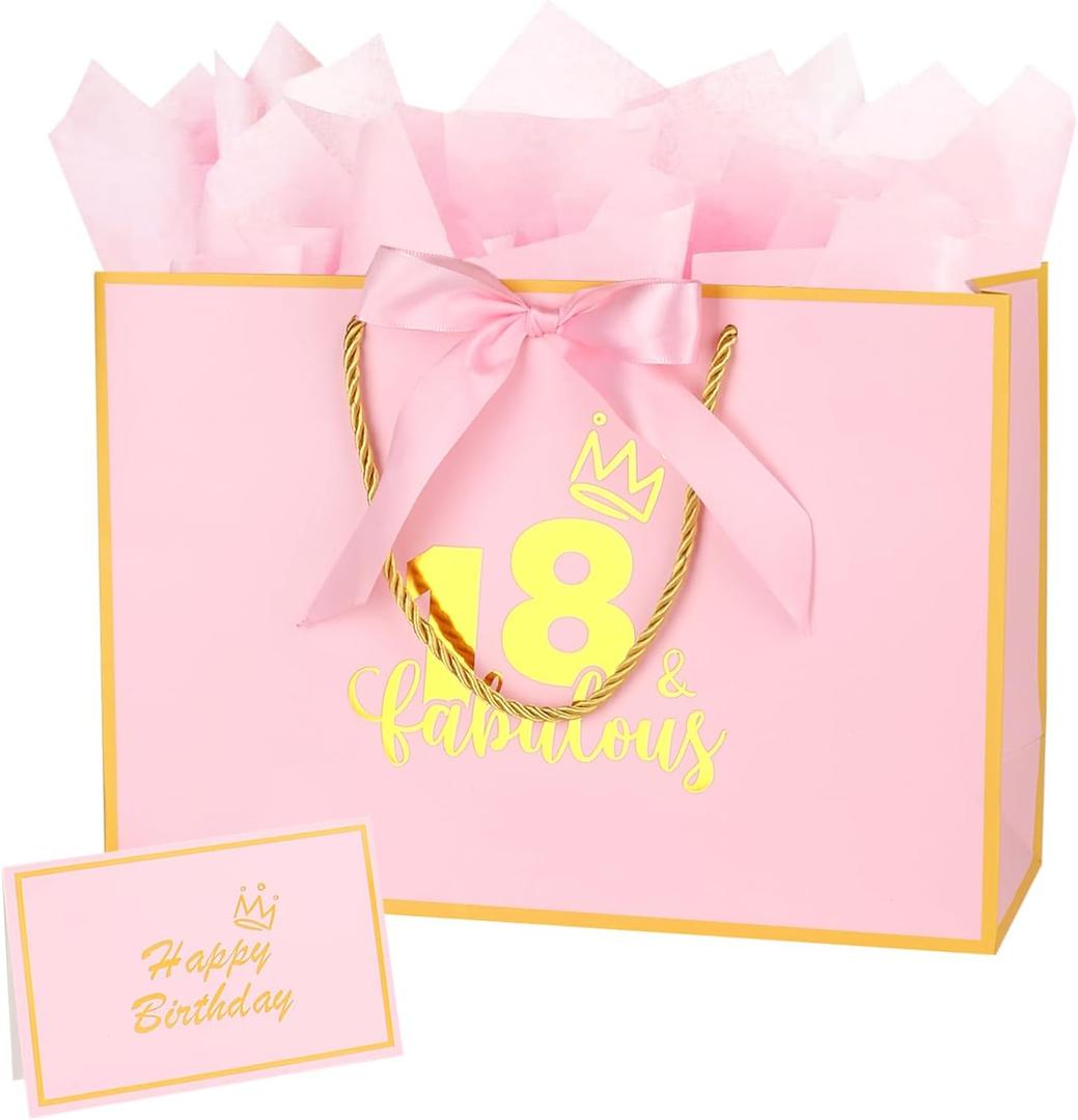 Dimetey 12.6Inch 18th Birthday Gift Bag with Tissue Paper for Girl's 18th Birthday Supplies (Pink 18th)