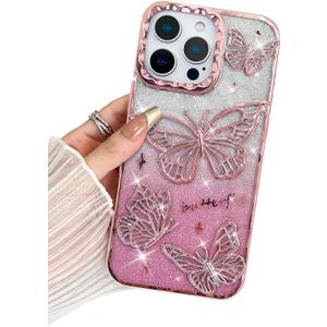 BITOBE Designed for iPhone 16 Pro, Cute 3D Butterfly Case Slim Plating Glitter Bling Luxury Cover for Women Girls Protective Camera Protection Bumper 6.3" Pink