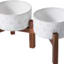 6.1inch Ceramic Raised Double Bowls Set with Acacia Wood Stand, 2 Heights Elevated, Food & Water Bowls for Small Breed Dogs, Weighted Dog Dishes, Pet Bowl(27oz, Arctic White) (3.4 CUPS)